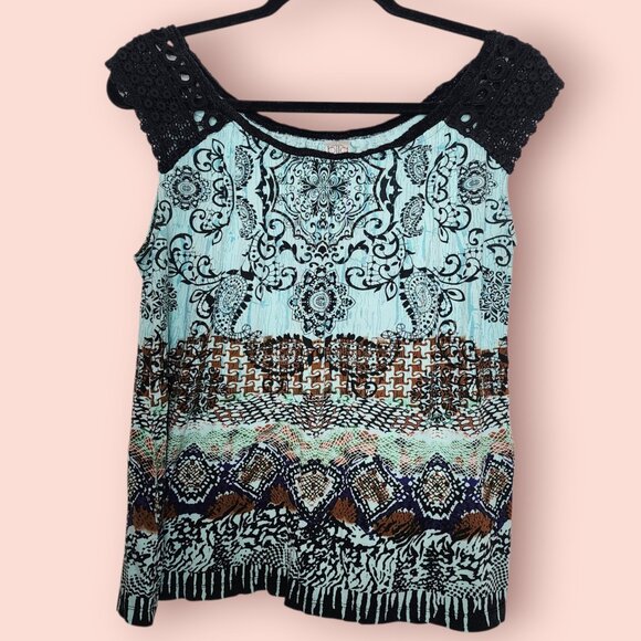 Bila eclectic Bohemian hippie earthy knitted crochet cap sleeve top size M - Picture 2 of 8